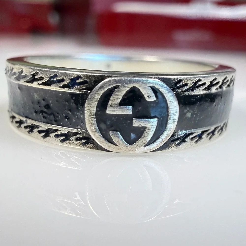 Gucci 745573 Interlocking GG Black Resin Sterling Silver Ring Size 19 US 8 3/4